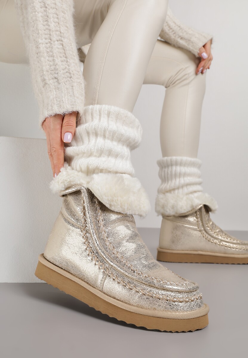 Złote Metaliczne Śniegowce Wsuwane Zdobione Futerkiem Vetirene