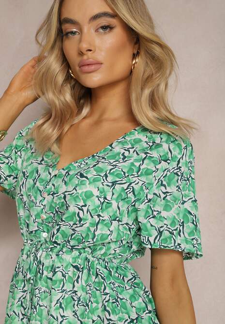 Zielona Wiskozowa Sukienka ze Sznureczkiem w Talii z Krótkimi Rękawami i Mozaikowym Printem Travei