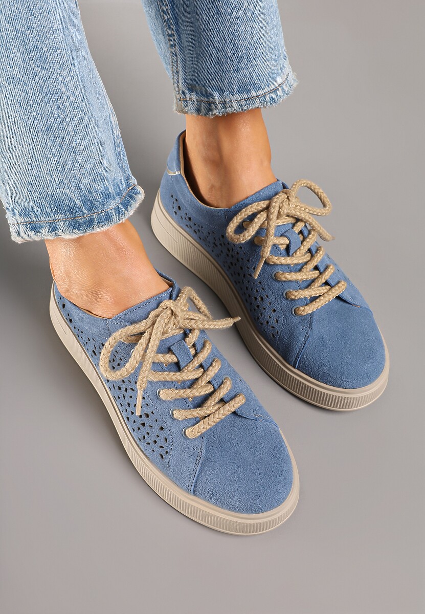 Niebieskie Ażurowe Sneakersy w Stylu Tenisówek ze Skóry Naturalnej Lirivra