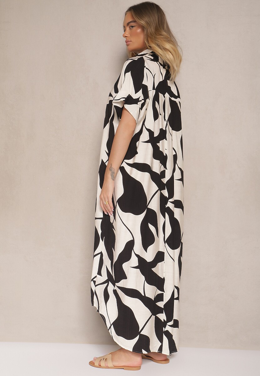 Czarna Rozkloszowana Sukienka w Abstrakcyjny Wzór z Bawełną Telianiela