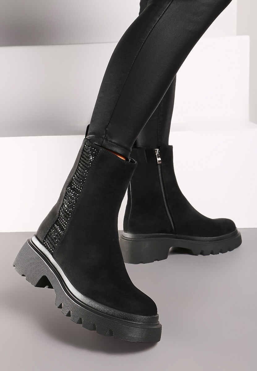 Czarne Botki w Stylu Sztybletów na Platformie z Cyrkoniami Rexindra