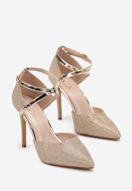 Złote Brokatowe Szpilki z Paskiem wokół Kostki Sienawa