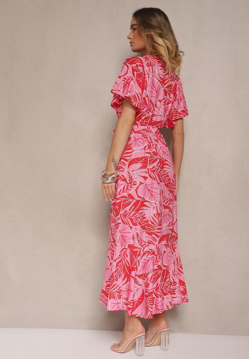 Czerwona Wiskozowa Sukienka w Kwiaty o Kopertowym Kroju z Wiązanym Paskiem Davionisa