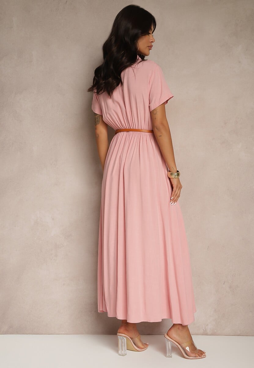 Różowa Koszulowa Sukienka z Wiskozy z Cienkim Paskiem Filanella