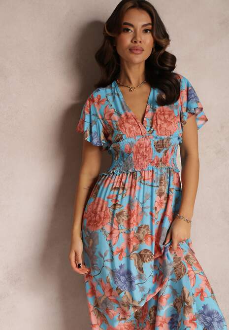 Niebieska Sukienka z Szeroką Gumką w Talii w Kwiaty Shathi