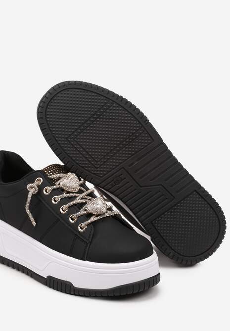 Czarne Sneakersy na Platformie Ozdobione Cyrkoniami Deomaria