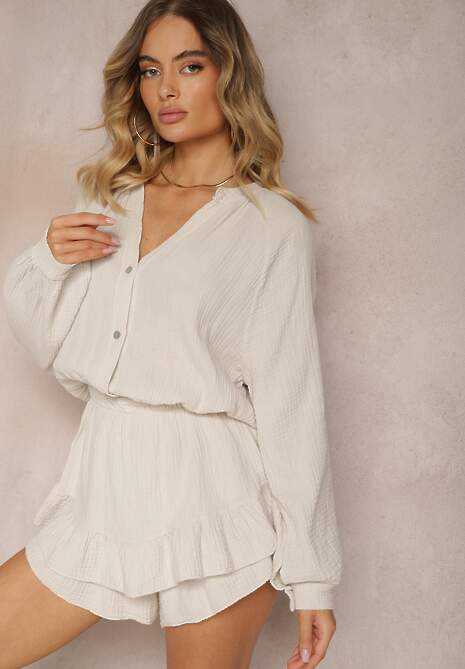 Jasnobeżowy Kombinezon z Bawełny ze Spódnico-Spodenkami i Guzikami oraz Gumką w Talii Vimatthea