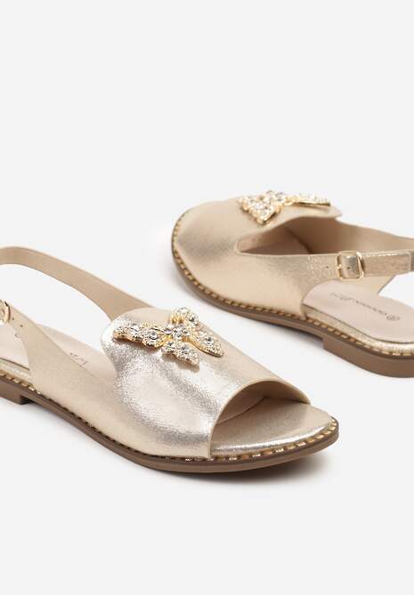 Złote Sandały Slingback ze Skórzaną Wkładką i Cyrkoniową Aplikacją z Motylem Idirane