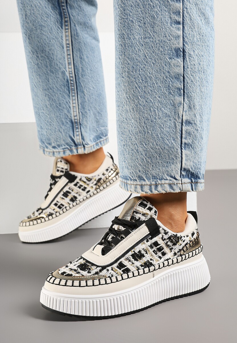 Czarno-Białe Sneakersy z Tweedowymi Zdobieniami i Przeszyciami na Platformie Ulandrelia