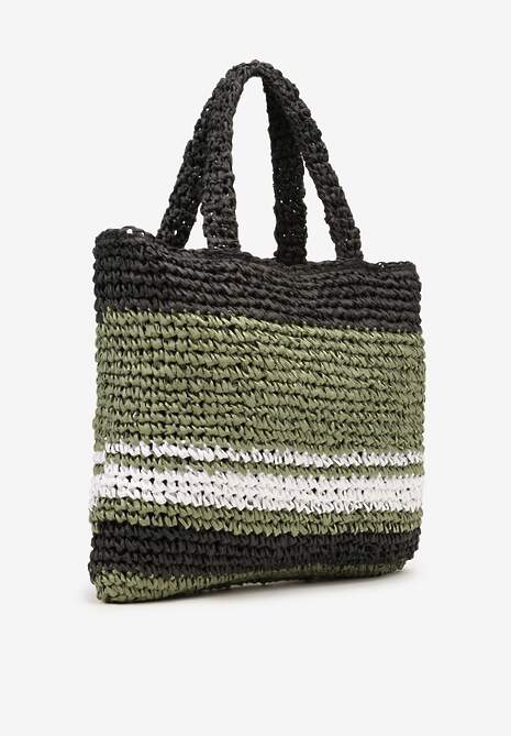 Zielono-Czarna Pleciona Torebka w Stylu Boho Ozdobiona Napisem Oegelia