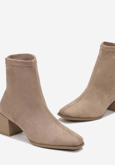 Ciemnobeżowe Botki na Słupku z Kwadratowym Noskiem Jozelinetta