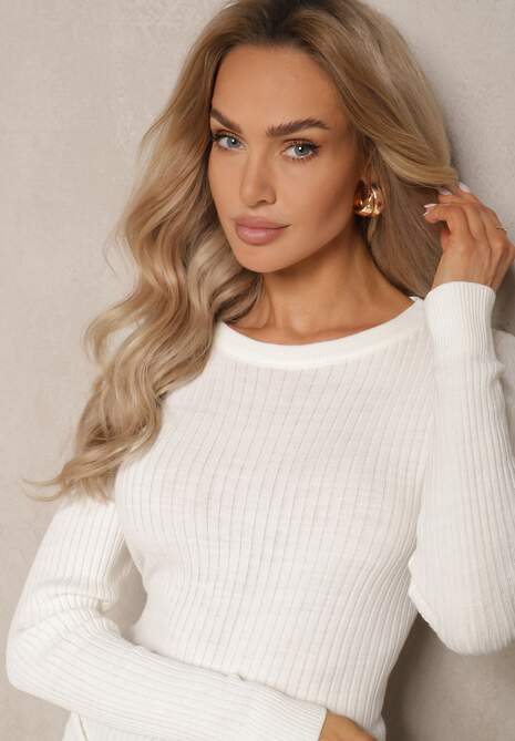 Biała Casualowy Sweter z Prążkowanego Materiału Zintra
