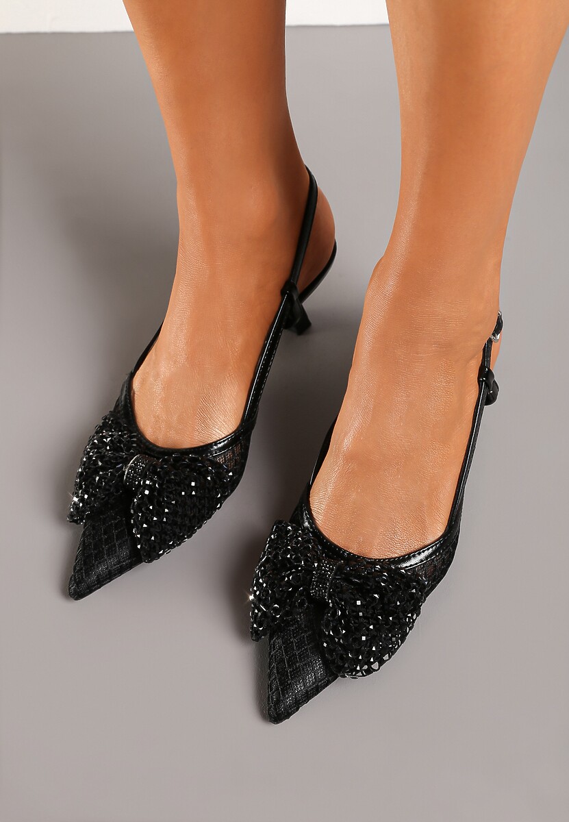 Czarne Czółenka Lakierowane na Obcasie Kaczuszce Ozdobione Cyrkoniami i Kokardą Emariel