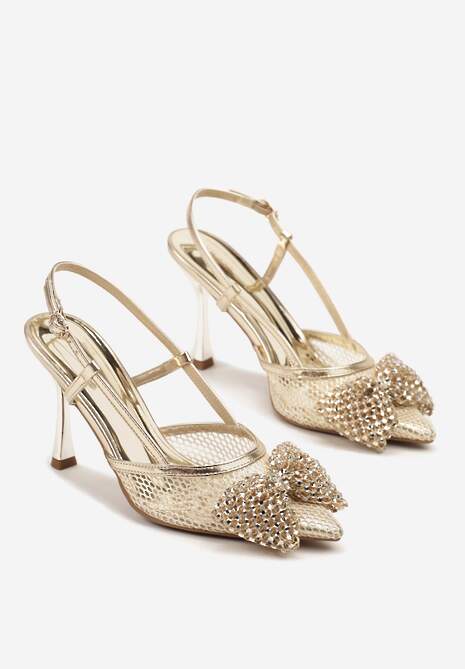 Złote Sandały Siateczkowe Vices na Szpilce Zdobione Kokardą i Cekinami Reandra