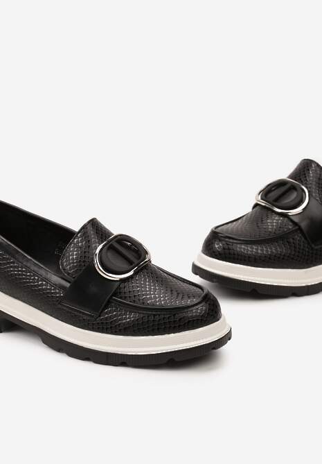 Czarne Mokasyny z Metaliczną Aplikacją i Delikatnym Printem Unica
