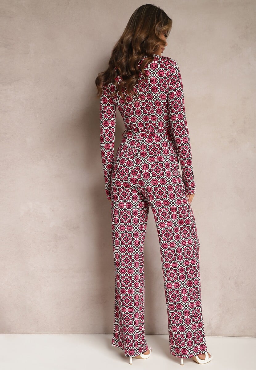 Fuksjowo-Czarny Kombinezon w Geometryczne Wzory z Szerokimi Nogawkami i Paskiem w Talii Soliti