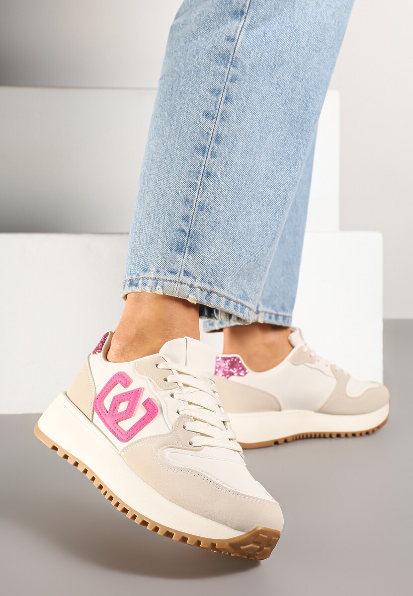 Beżowo-Różowe Sneakersy na Niskiej Platformie Zdobione Aplikacją Alimrela