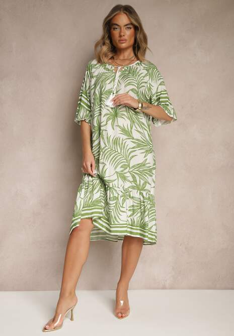 Zielona Pudełkowa Sukienka Zdobiona Roślinnym Printem i Wiązaniem przy Dekolcie Miranissa