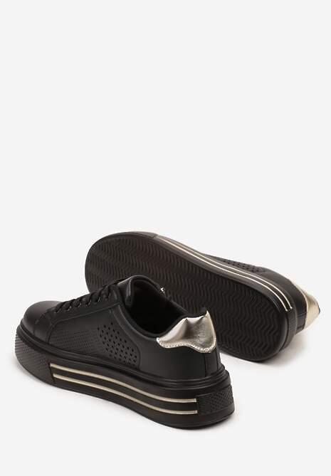 Czarne Sneakersy na Platformie Ozdobione Suwakiem i Perforacją Gioseria