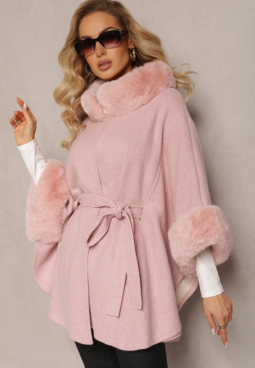 Różowy Płaszcz Ponczo z Wiskozy z Paskiem i Futerkiem Roymessa