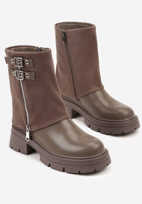 Brązowo-Szare Skórzane Botki Bikery Ozdobione z Wywiniętą Cholewką Klamrami i Suwakiem Adirrive