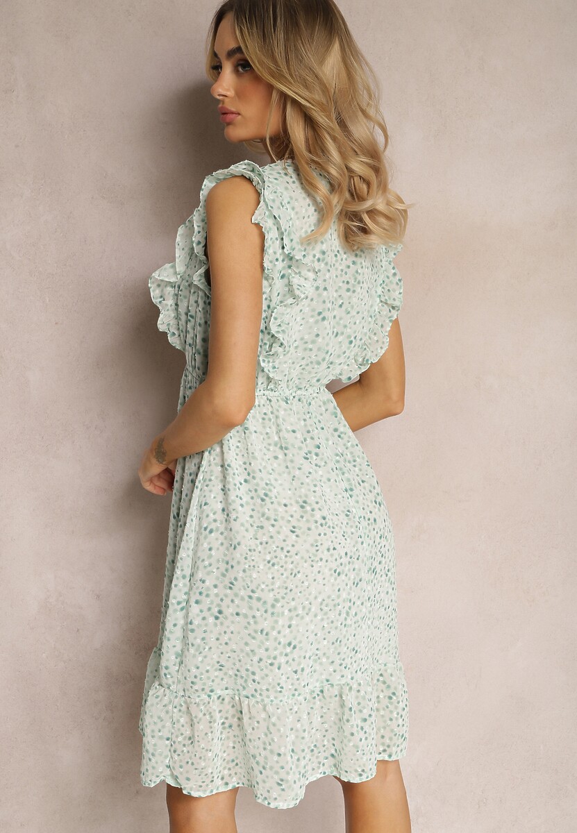 Zielona Rozkloszowana Sukienka z Gumką w Pasie i Falbankami Ulaia