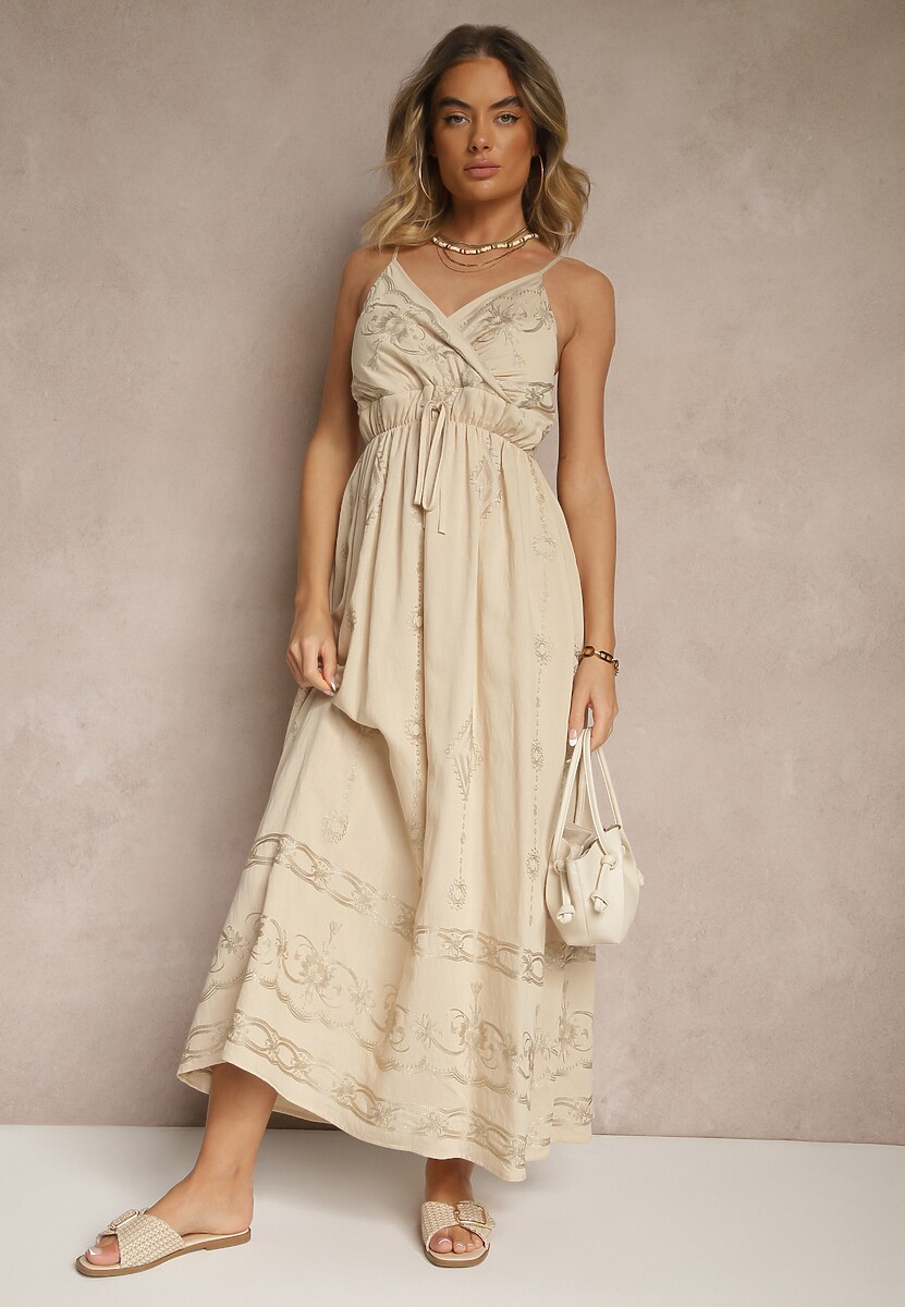 Beżowa Wiskozowa Sukienka o Rozkloszowanym Kroju na Ramiączkach z Haftem Uloranelia