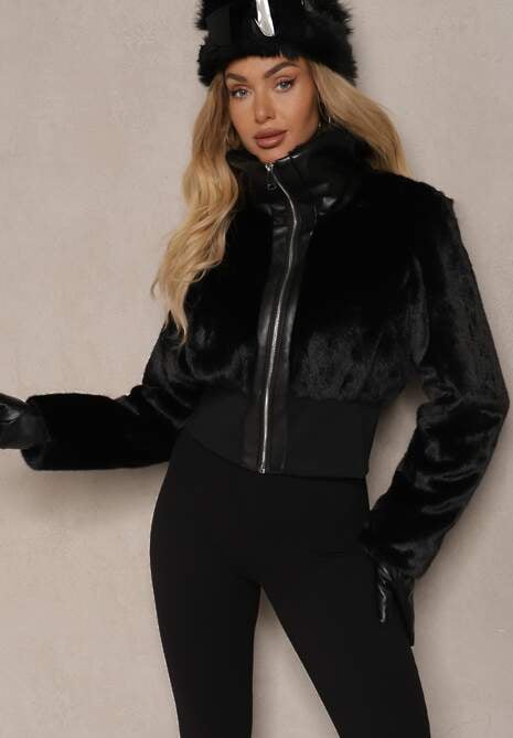 Czarna Kurtka Futrzana o Krótkim Kroju z Ozdobnym Kołnierzem i Ściągaczem Semiritae