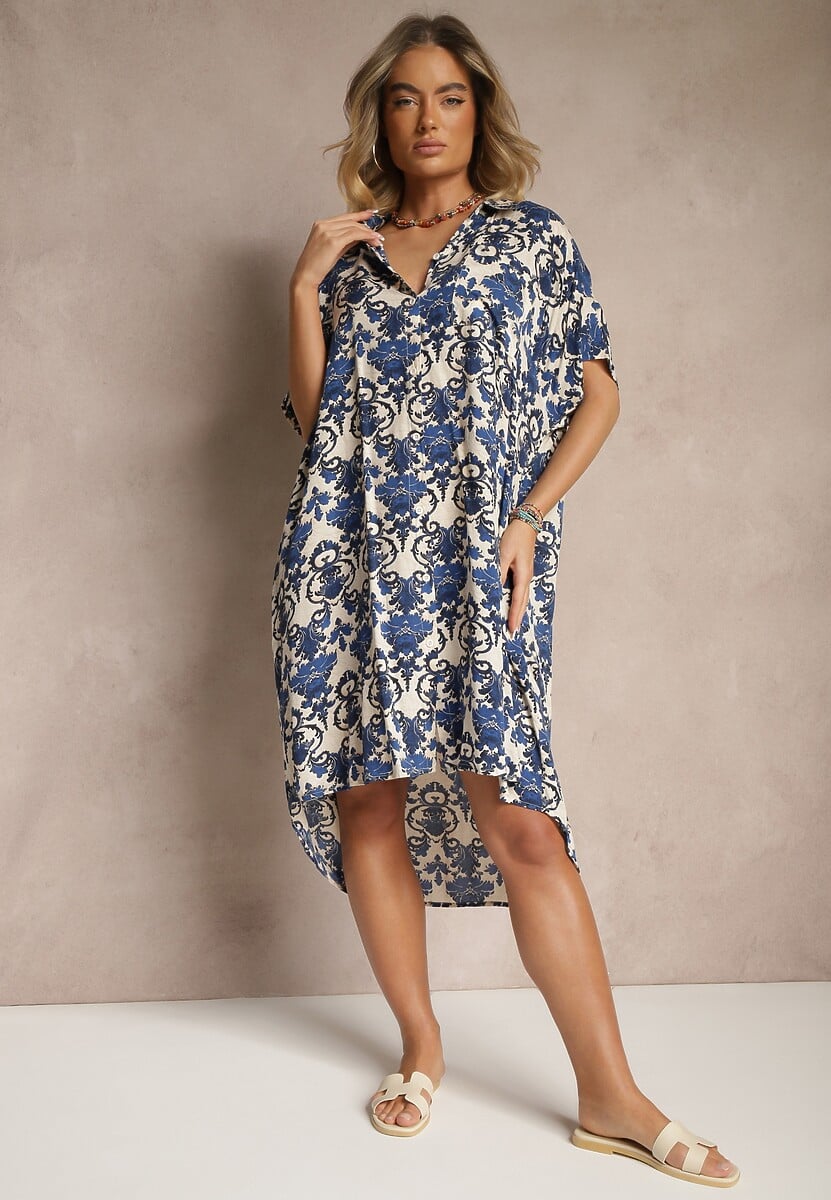 Granatowa Wiskozowa Sukienka o Koszulowym Kroju w Ornamentalny Wzór Inisaria