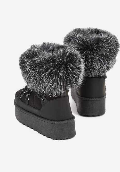 Czarne Śniegowce na Platformie Ozdobione Futerkiem Teswena