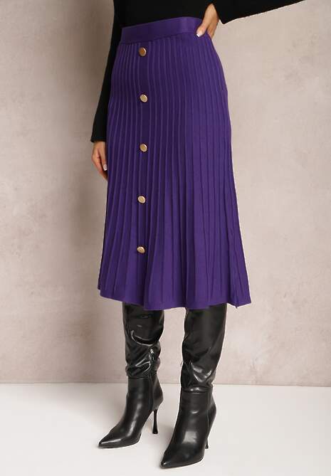 Fioletowa Rozkloszowana Spódnica Midi z Szerokimi Prążkami i Ozdobnymi Guzikami Sussurro