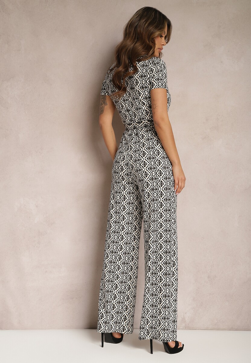 Czarno-Biały Mozaikowy Kombinezon z Trójkątnym Dekoltem i Prostymi Nogawkami Nisseria