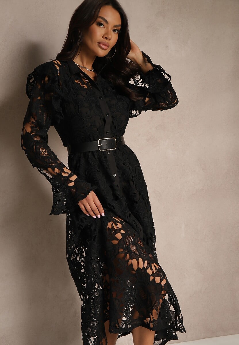 Czarna Koronkowa Maxi Sukienka o Rozkloszowanym Fasonie Sedumma