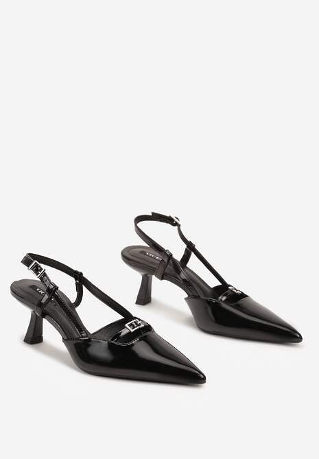 Czarne Czółenka na Szpilce Typu Kaczuszka Peep Toe Ozdobione Klamrami Evalssia