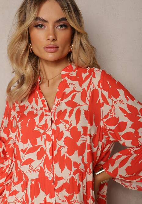 Czerwona Rozkloszowana Sukienka Maxi na Guziki z Abstrakcyjnym Wzorem Uvellia