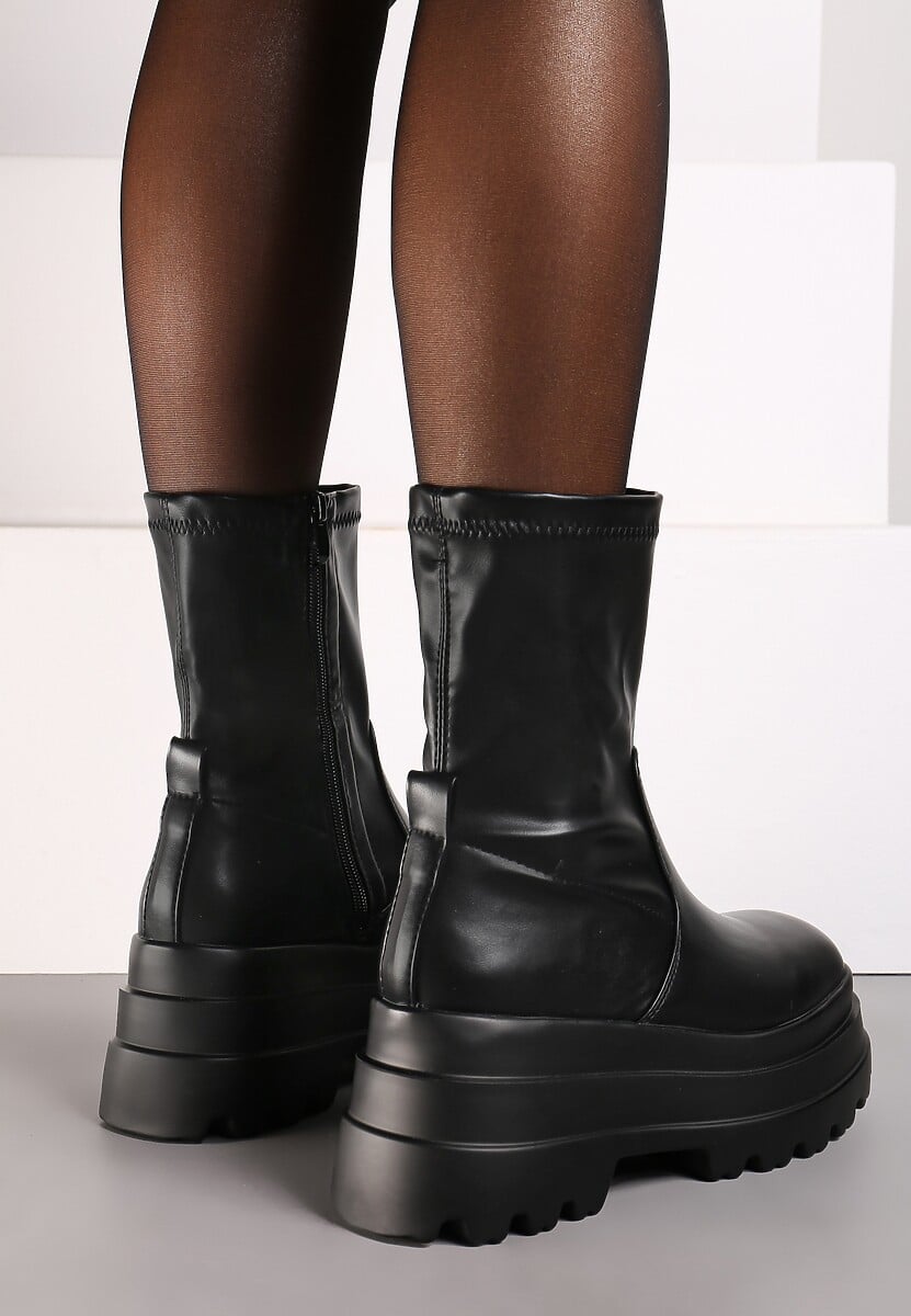 Czarne Botki na Podwójnej Platformie z Przylegającą Cholewką Belariel