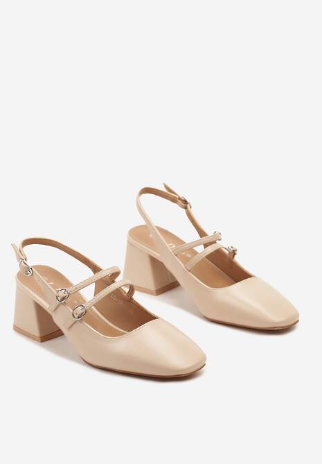 Beżowe Czółenka z Ekoskóry Typu Slingback na Słupku z Trzema Sprzączkami Qrevia