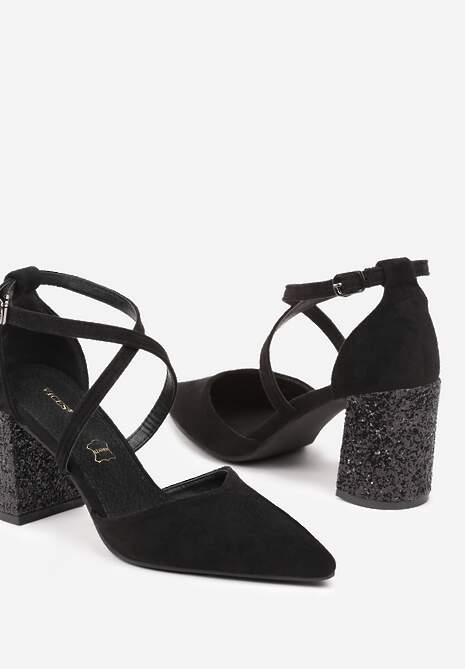 Czarne Czółenka Vices na Słupku ze Skórzaną Wkładką na Brokatowym Obcasie Ozdobione Paskami Learelia