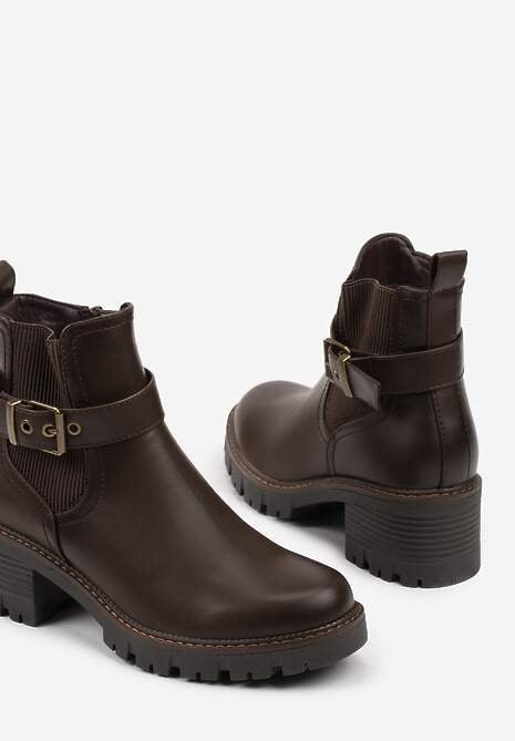 Brązowe Botki w Stylu Sztybletów na Niskim Obcasie z Paskiem ze Sprzączką Lathorie