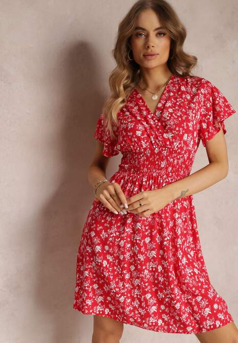 Czerwona Wiskozowa Sukienka Mini w Kwiaty z Gumką w Talii i Kopertową Górą Joslena