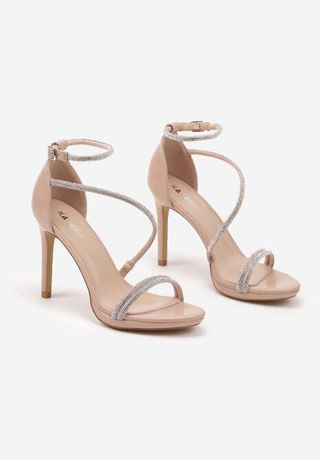 Beżowe Sandały Szpilki Zdobione Cyrkoniami Zapinane na Sprzączkę Ralisen