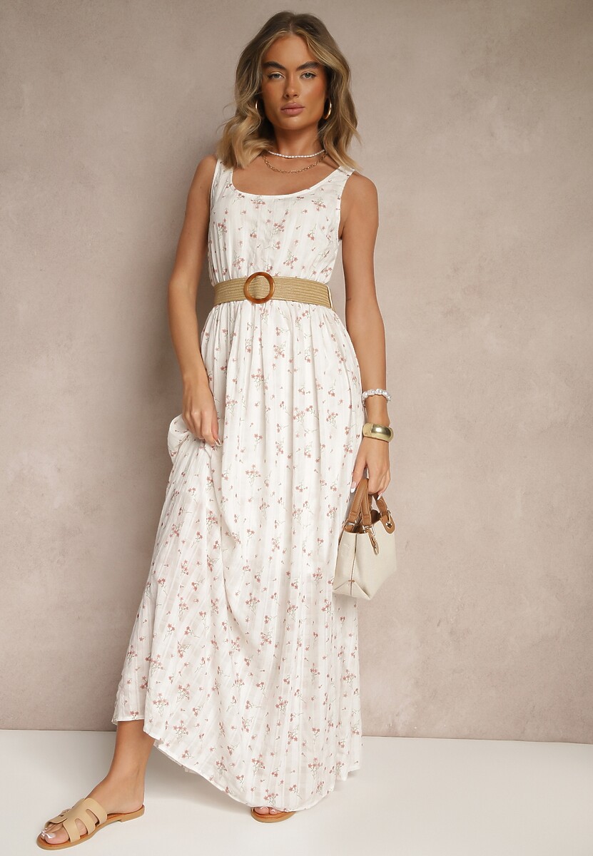 Biała Kwiatowa Sukienka o Rozkloszowanym Kroju z Paskiem z Plecionki Iffonvia