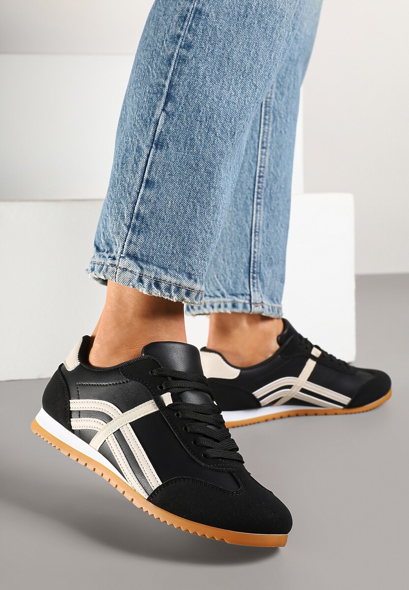 Czarne Sneakersy przed Kostkę z Paskami na Cholewce Deniffia