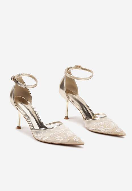 Złote Sandały z Transparentną Siateczką i Cekinami na Szpilce z Zapięciem wokół Kostki Olithwena