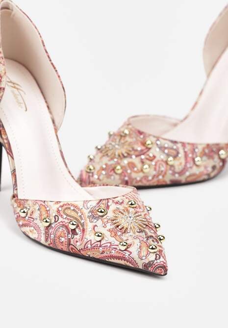 Różowe Szpilki z Noskiem w Szpic z Oryginalnym Wzorem z Cyrkoniami i Nitami Alfiratte