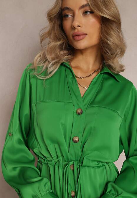 Zielona Sukienka Mini z Kołnierzem i Ściągaczem w Pasie Minal