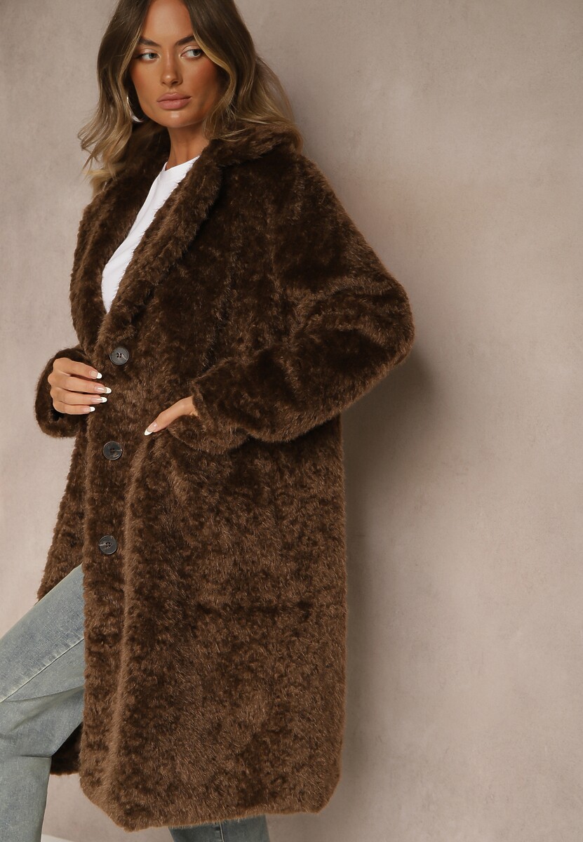 Brązowy Futrzany Płaszcz o Długim Kroju Typu Teddy Tadelia