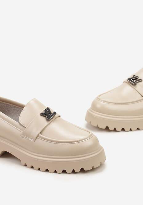 Beżowe Mokasyny z Metalową Klamrą na Grubej Podeszwie ze Żłobieniami Anisle