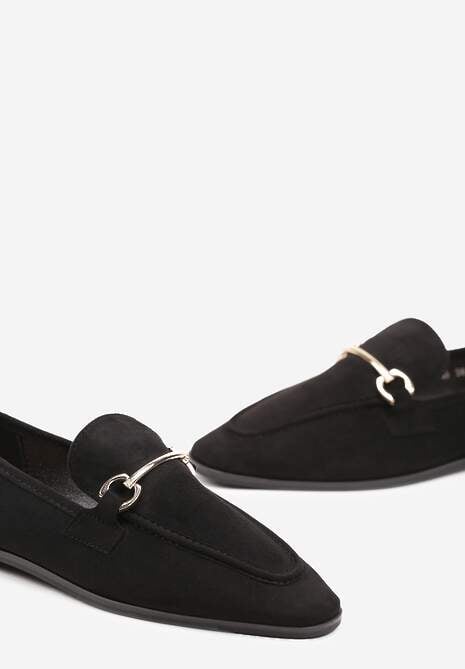 Czarne Mokasyny na Płaskiej Podeszwie w Klasycznym Stylu Ozdobione z Przodu Sprzączką Vimallis
