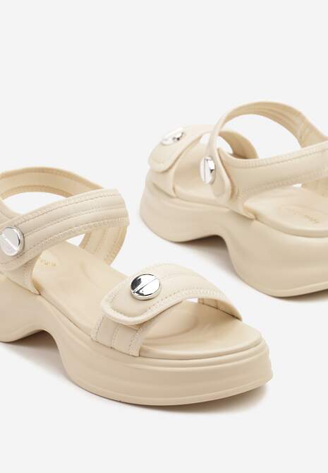 Beżowe Sportowe Sandały z Metalicznym Zdobieniem Zapinane na Rzep Maita